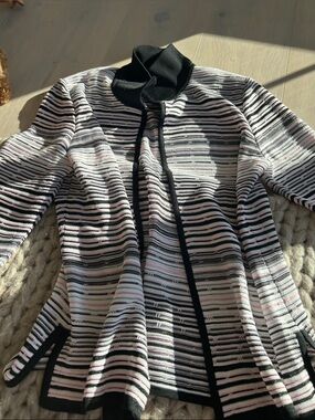 Ming Wang Black and White Striped Knit Jacket with Pink Accents